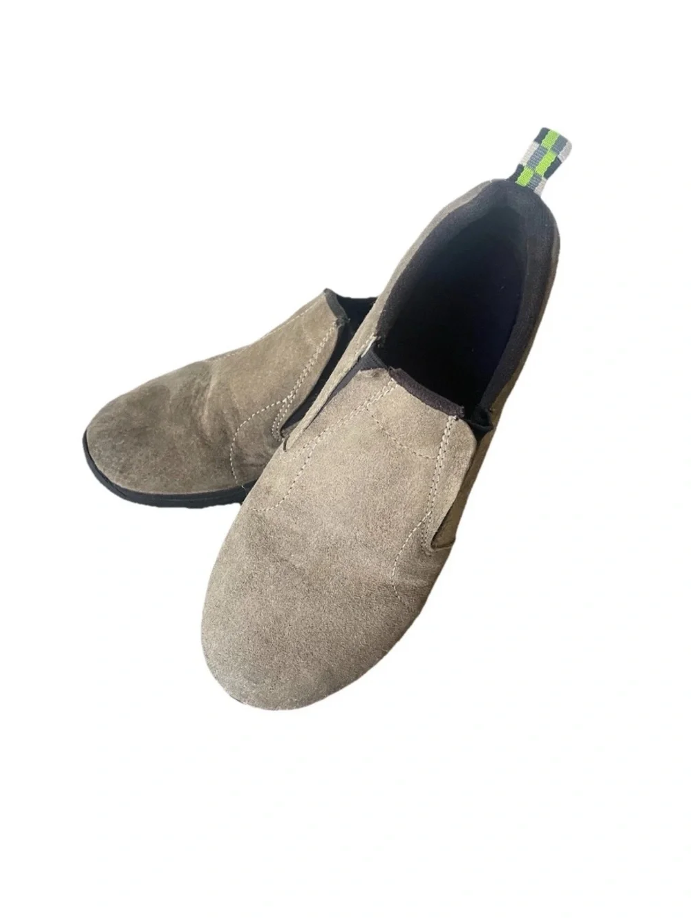Merrell Kids Slip-On Suede Sneakers in Taupe with Black and Lime Accents